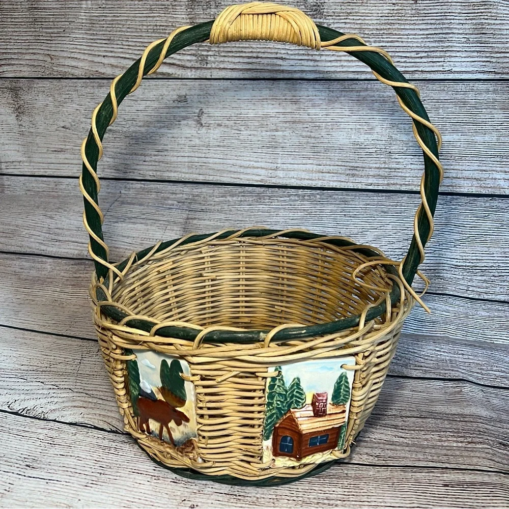Vintage Large Oval Wicker Basket‎ Ceramic Moose & Cabin Tile Decorations Cottage